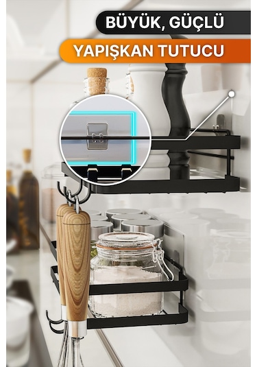 Bino Mutfak Rafı 2'li Set Yapışkanlı Lüks Modern Siyah Metal Baharatlık Rafı Organizer Düzenleyici Siyah