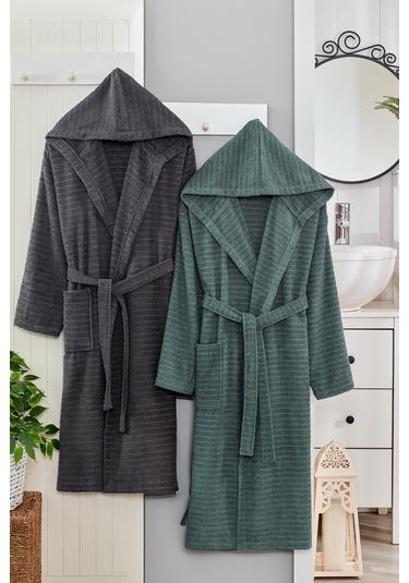 Doğa Antrasit Yeşil Kapşonlu Çift Bornoz Antrasit Yeşil