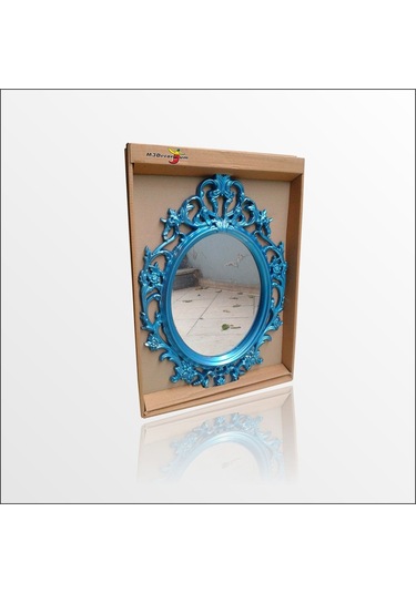 50X70 İşlemeli Rustik Mavi Yaldız Elips Antik Duvar Boy Aynası