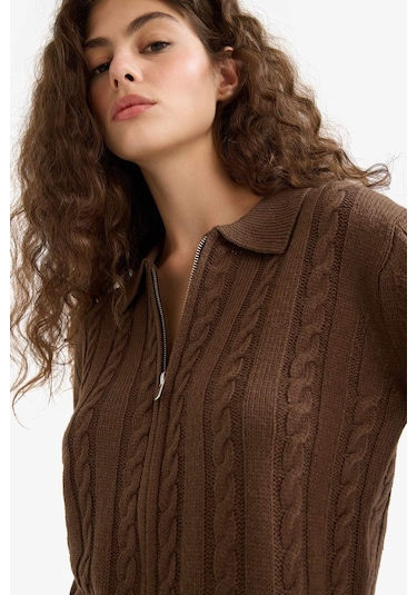 Defacto Regular Fit Polo Yaka Fermuarlı Triko Hırka A3331ax25wnbn319 Kahve