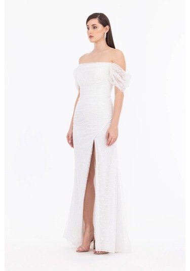 Kadın Straplez Yaka Balon Kol Dar Form Abiye Elbise - Ekru Ekru