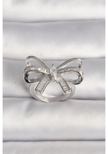 Pirinç Gümüş Renk Ayarlanabilir Zirkon Taşlı Kurdele Model Kadın Yüzük - Tj-byk3585