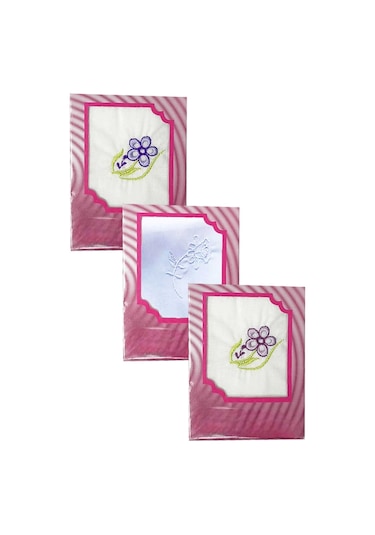 3 Lü Özel Paket Premium Kadın İşlemeli Mendil Seti %100 Pamuk 28x28 Cm Çok Renkli