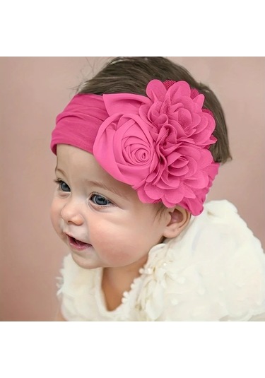 Elmpaly Pembe Yenidoğan Baş Bandı - Yumuşak Ayarlanabilir Büyük Çiçek Desenli Gül Pembesi