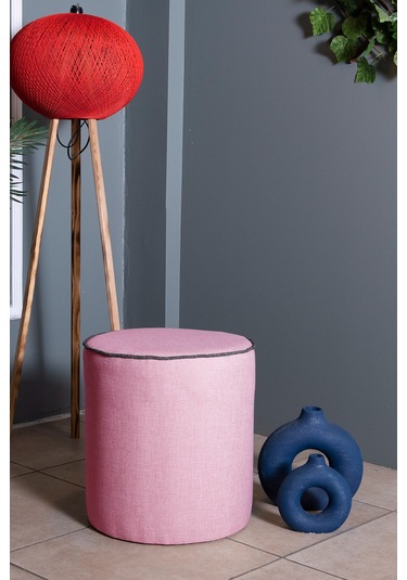 VALERİA PEMBE KETEN KUMAŞ YUVARLAK PUFF &BENCH&KOLTUK&TABURE&POFUDUKYATAK ODASI PUF MODELLERİ