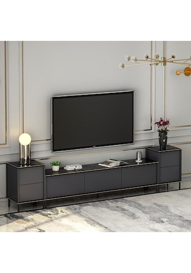 İmaj Tv Ünitesi Ve Komodin Set Traverten/gold, Oturma Odası Set, Tv Sehpası - Antrasit Antrasit