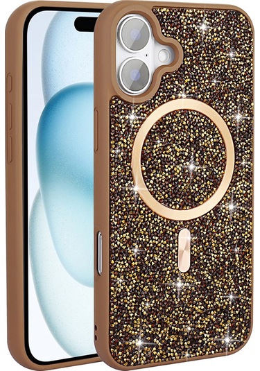 Mobilteam İphone Uyumlu 16 Pro Kılıf Pırlanta Tasarımlı Magsafe Şarj Özellikli Mozaik Silikon Gri