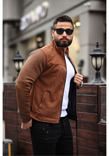 Premium Örme Triko Kol Dik Yaka Süet Ceket Triko Kahverengi