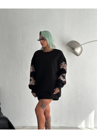 Bisiklet Yaka Baskılı Sweatshirt - Siyah Siyah