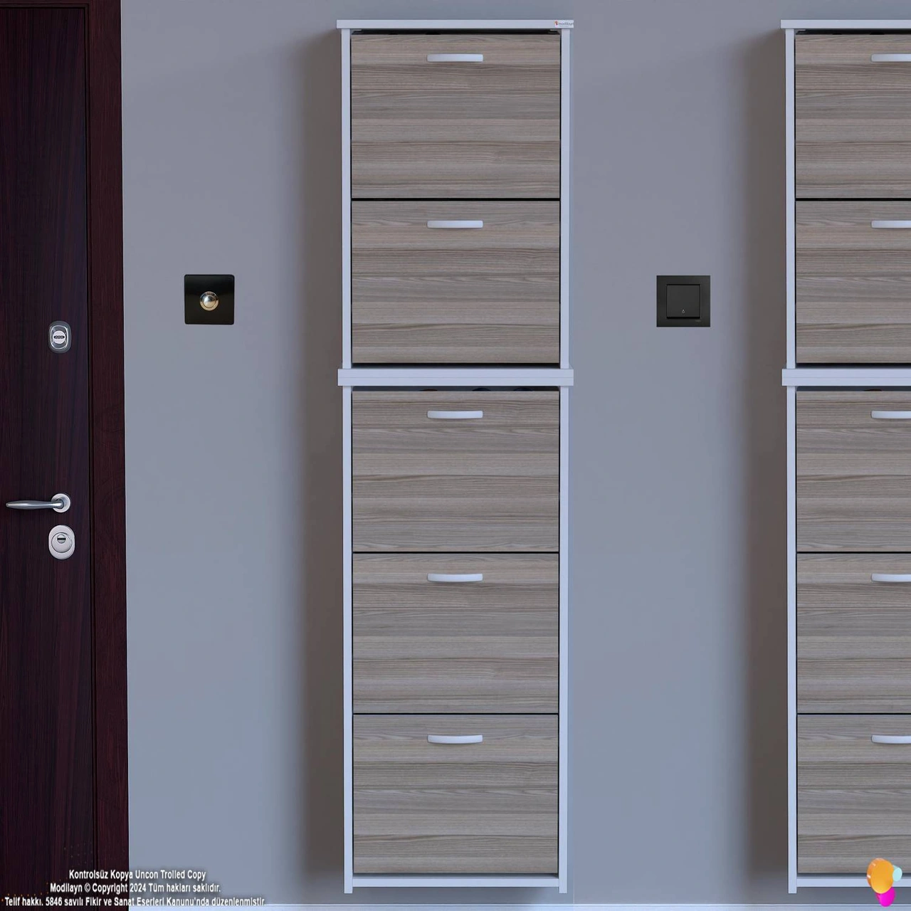 İkra Meşe Renk Asma Ayakkabılık 52cm Kapı Önü 5 Düşer Kapak 10 Bölmeli Ayakkabılık 52x194x26 Cm Meşe