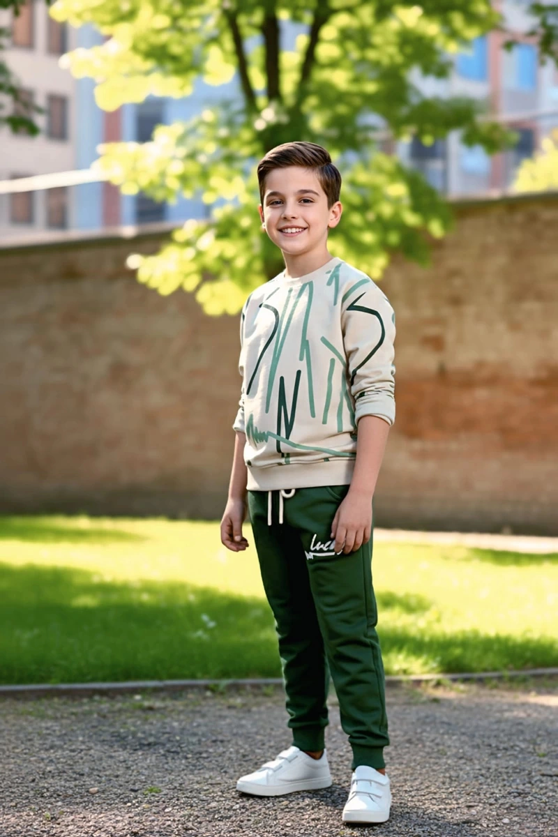 Çizgi Desenli Yeşil Renk Erkek Çocuk Eşofman Takım Yeşil