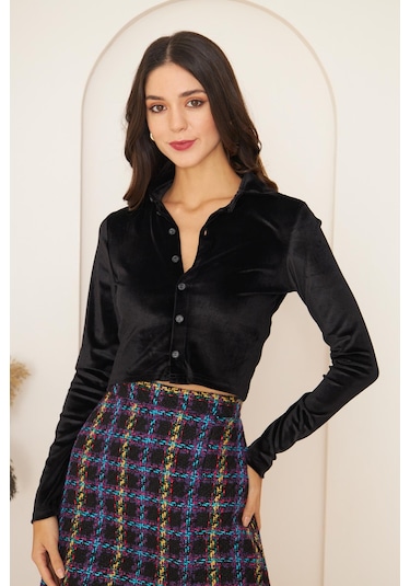 Darlin Moda Kadın Siyah Kadife Uzun Kollu Crop Gömlek Dm9003 Siyah