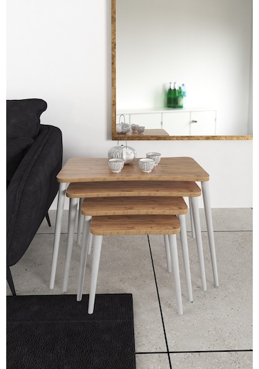 Selen 4lü Zigon Sehpa Ahşap Beyaz Ayaklı Salon Seti Çay Sehpası Çam