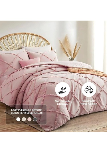 Evlen Home Pamuklu Aimar Yatak Örtüsü Takımı Çift Kişilik Günlük Boho 3 Parça Elyaf Dolgulu Pudra Pudra