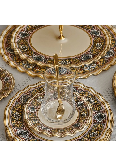 Glore Gisele Altın Yaldızlı Cam 28 Parça Çay İkram Takımı Full Set Renkli