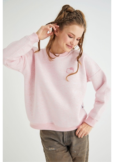 Hello Kitty Lisanslı Baskılı Kalın Pembe Sweatshirt Renkli