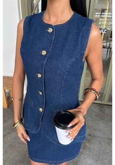 Kolsuz Yelekli Mini Etekli Denim Takım 10164 Deni M