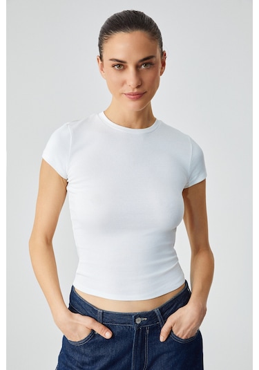 Grimelange HOPEWELL Kadın Yuvarlak Yaka Örme Slim Fit Beyaz T-Shirt