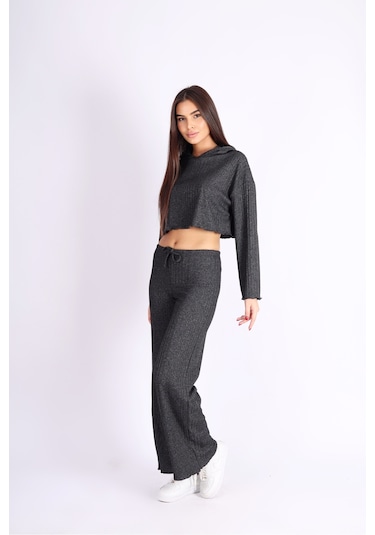 Soft&Basic Kadın Eşofman Takımı Kapüşonlu Sweatshirt Ve Geniş Paça Antrasit Pantolon Eşofman Gri