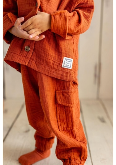 Oliventhekid Müslin Kumaş Kiremit Renk Kargo Pantolon Kiremit Kiremit