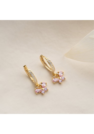 Vaoov 925 Ayar Gümüş Pembe Taşlı Sallantılı Kelebek Küpe Altın