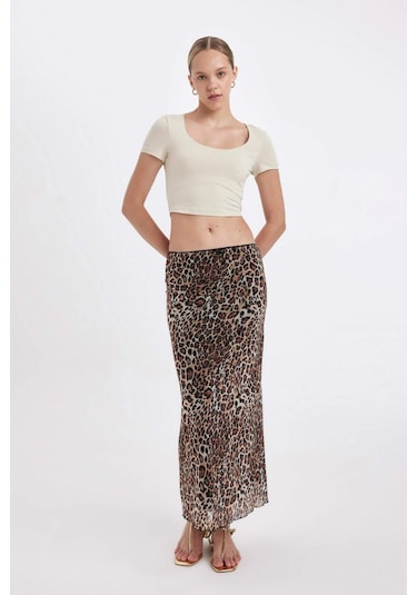 Defacto A Kesim Leopar Desenli Yüksek Bel Pamuk Astarlı Tül Maxi Etek D4469AX24AUBK81 Siyah