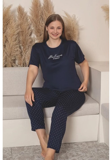 Charme Kadın Büyük Beden Bisiklet Yaka Milan Likralı Kısa Kol Pijama Takımı K601/254 - 1 Adet Lacivert Charme Kadın Büyük Beden Bisiklet Yaka Milan Likralı Kısa Kol Pijama Takımı K601/254 - 1 Adet Lacivert