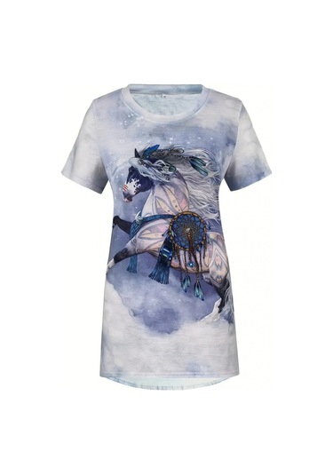 Kadın Kısa Kollu Bisiklet Yaka Salaş Süprem Bluz Desenli