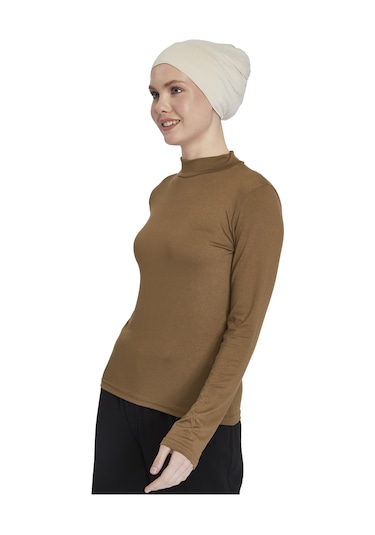 Kadın Organik Uzun Kollu Balıkçı Yakalı Body Açık Çikolata