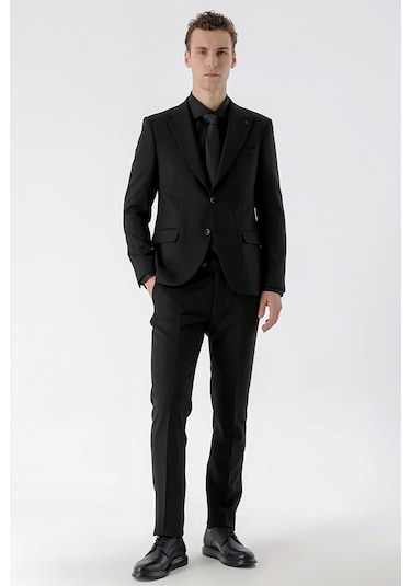 Morven Erkek Basic Düz Slim Fit Takım Elbise Gömlek + Kravat -  Siyah