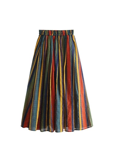 Qooth İlkbahar Yaz Kadın Yüksek Belli Renkli Şerit A-line Etek Vintage Midi A-line Uzun Etek Büyük Salıncak Ile Qt1718 Yeşil