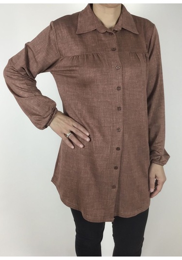 Mevsimlik Kolları Lastikli Boydan Düğmeli Gömlek Kiremit