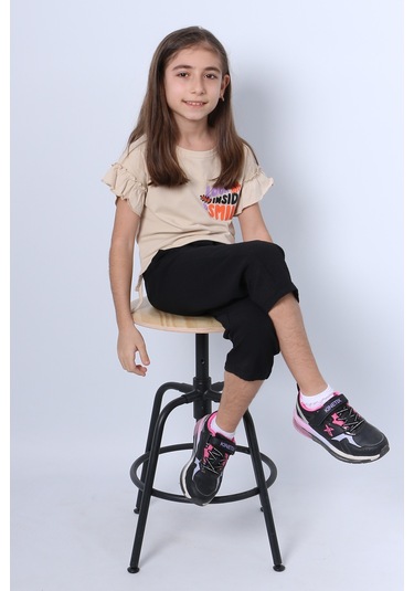 Kız Çocuk İkili Takım Sırt Baskılı Püsküllü Kolları Fıfırlı F20 Bej