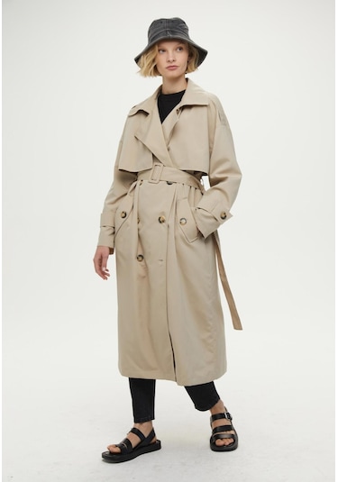 Manuka Düğmeli Kruvaze Trençkot Bej
