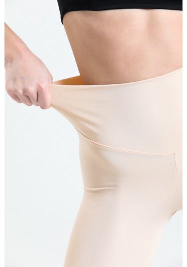 Caramel Yüksek Bel Toparlayıcı Dalgıç Kumaş Spor Günlük Tayt Ekru
