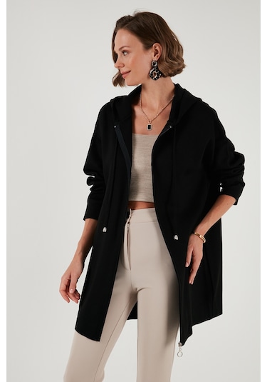 Lela Modest Regular Fit Kapüşonlu Tesettür Triko Bayan Hırka 4616176 Siyah