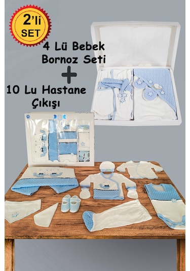 10 Parça Mavi Kedi Hastane Çıkışı Ve 4 Parça Bebek Bornoz Seti Mavi