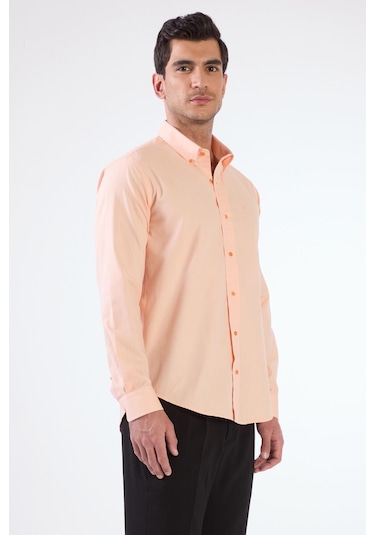 Somon Erkek Slim Fit Düz Brent Düğmeli Yaka Uzun Kol Gömlek - 102484 Somon