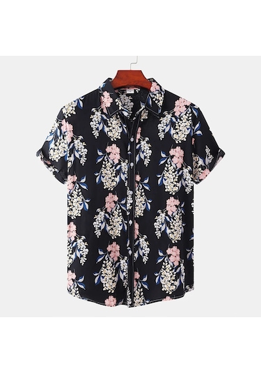 Snapbuy Erkek Yaz Çiçek Kısa Kollu Hawaii Gömlek Slim Fit Plaj Bluzmavi Mavi
