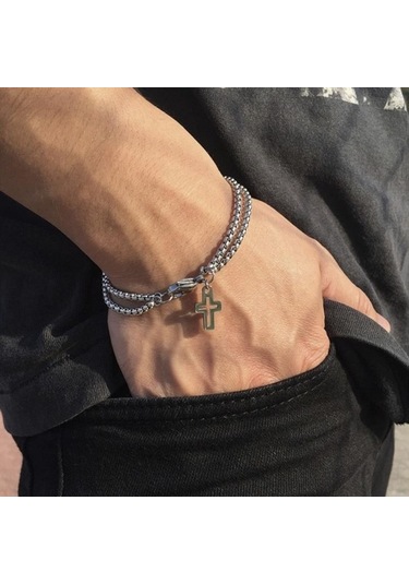 Moda Çapraz Hollow Çift Zincir Çapraz Titanyum Çelik Erkek Bileklik Çift Katmanlı Kişiselleştirilmiş Bilezik Gümüş