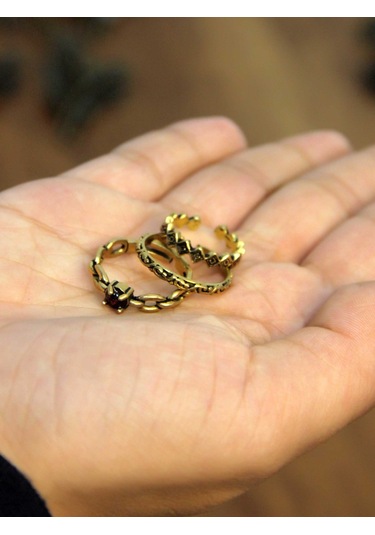 Doğal Taşlı 3'lü Garnet Lal Doğal Taşlı Zincir Modelli Kadın Ayarlanabilir Yüzük Seti Euy83 Kırmızı