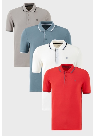 Buratti Pamuklu Slim Fit Şerit Detaylı Düğmeli Polo Yaka 4'Lü Paket Erkek T Shirt 5902118S4 Beyaz-Kırmızı-Mavi-Taş