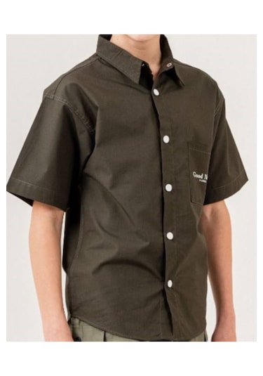 Erkek Çocuk Paraşüt Kumaş Çıtçıt Kapamalı Tişörtlü Haki Renk Gömlek Tişört Takımı Haki