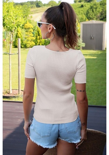 V Yaka Kısa Kol Taş Bluz TAŞ Taş