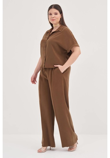 Kısa Kollu Oversize Gömlek-1801 Kahverengi