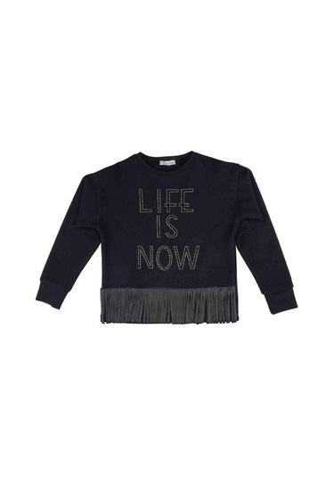 Kız Çocuk Püskül Deri Detaylı Sweatshirt-13504 Siyah