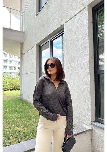 Kadın Antrasit Polo Yaka Basic Bluz, Uzun Kol, Regular Kesim, Günlük Ve Spor Sweatshirt Antrasit