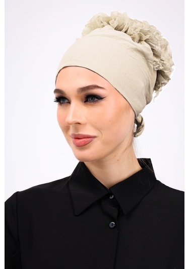 Kaymayan Fırfırlı Silikonlu Dikişsiz Bone Krem - Kaymaz Kadın Tesettür Bağlamalı İç Bone Krem