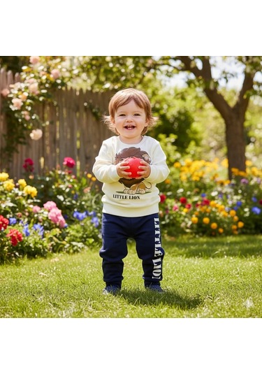 Erkek Bebek Aslan Baskılı Alt Üst İkili Gündelik Takım Lacivert