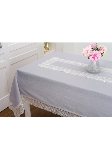 Finezza Gilda Lüx Dantelli Simli Kumaş Gri Masa Örtüsü  160x220 cm -1469